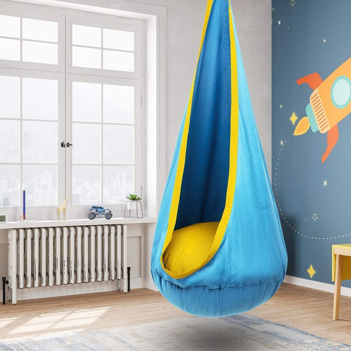 Indoor/outdoor children's hanging swing chair, cotton canvas, comfort & sensory play.