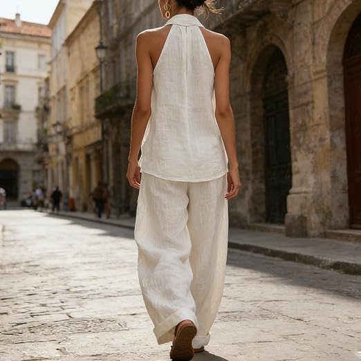 Comfortable women's linen-look two-piece set, ideal for casual outfits, resort wear, or versatile summer fashion.