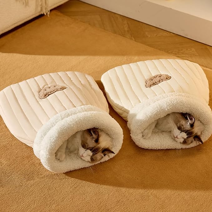 Comfortable plush cat bed, a soft sleeping bag for pets. Secure cat hideaway, washable & cozy.