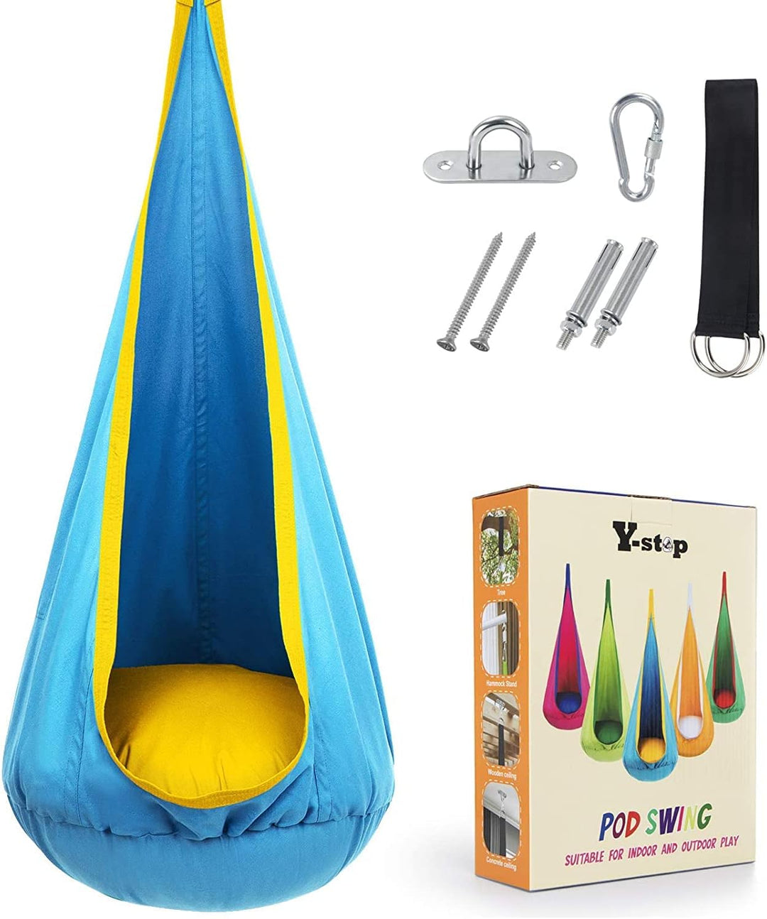 Kids' soothing sensory swing chair, playful design for indoor fun.