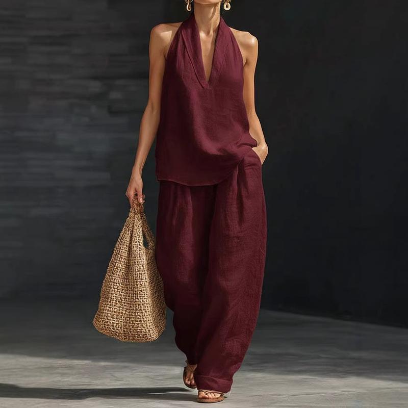 Women's effortless linen-look two-piece outfit. Comfortable wide-leg pants & batwing top, perfect for summer casual wear.