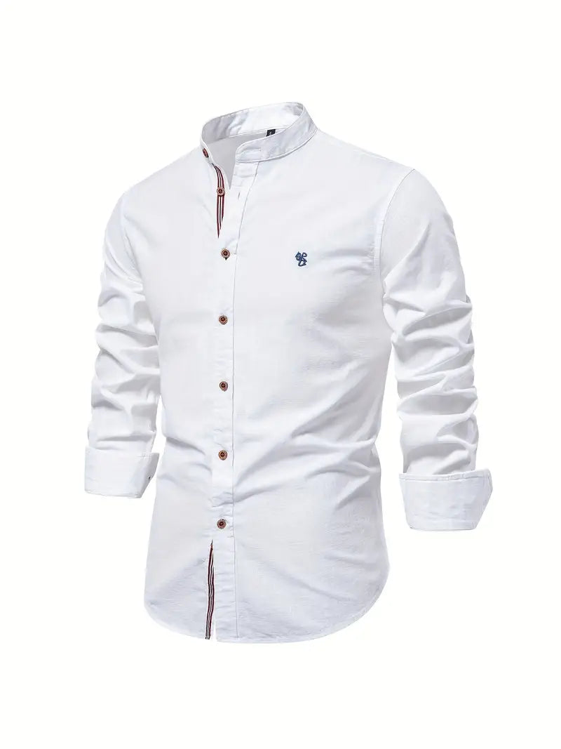 Men's long-sleeve collared button shirt, classic fit, essential for smart casual men's fashion.