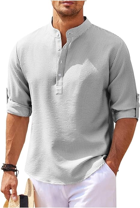 Men's stylish band collar casual shirt. Relaxed fit, comfortable, and a modern choice for versatile everyday fashion.