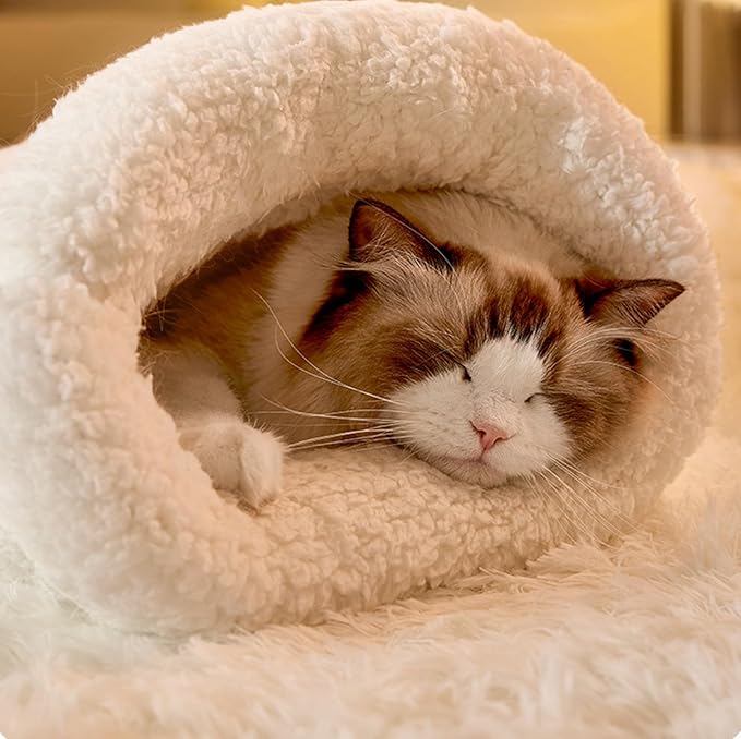 Cozy cat hideaway bed, a soft pet cave for secure sleeping. Plush, washable cat bed for comfort.
