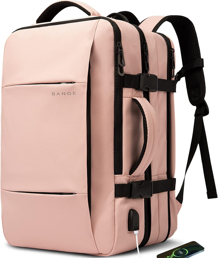 Secure expandable travel backpack, 26-45L, waterproof, anti-theft features, comfortable to wear.
