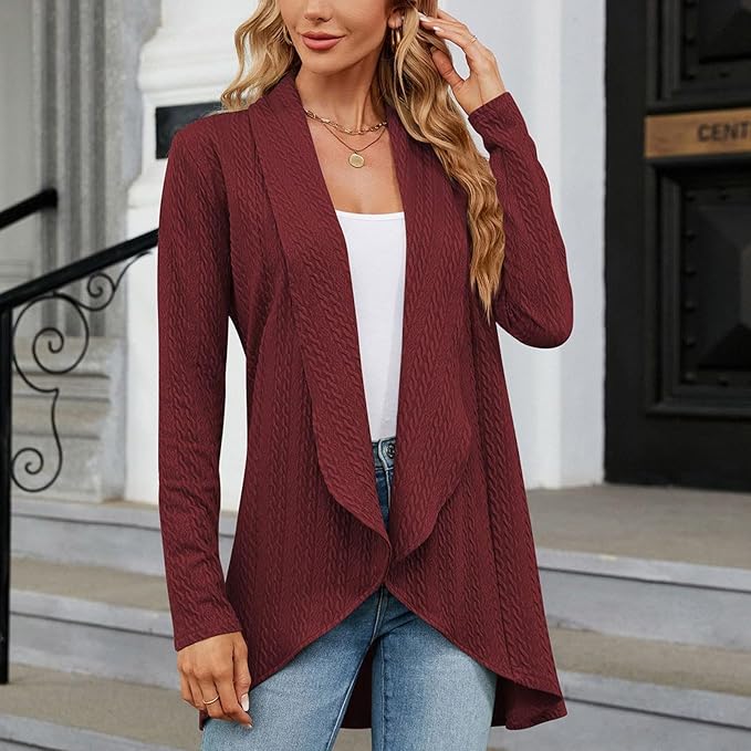Elegant women's draped open-front cardigan, perfect for a sophisticated layering look. Comfortable everyday style.