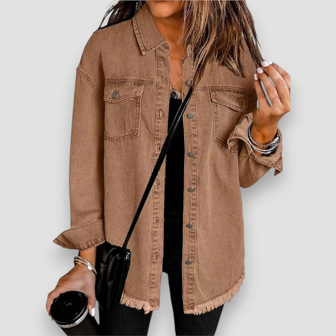 Women's oversized jacket with drop shoulders and button-front, offering a relaxed and stylish fit.