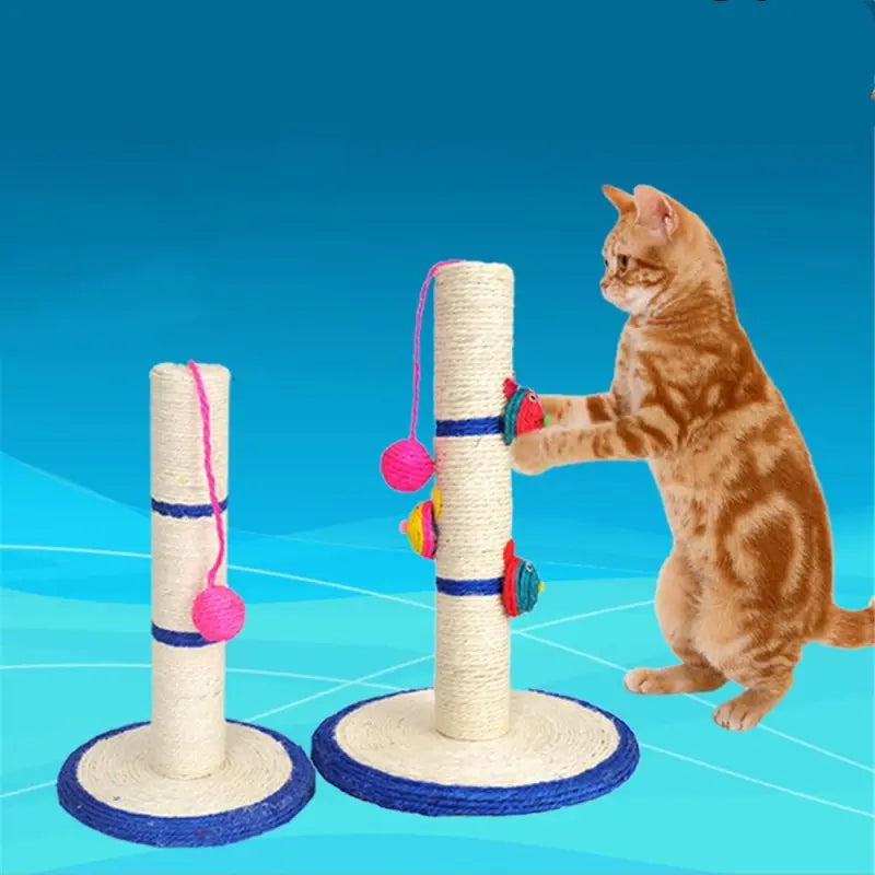 Unisex cat scratching post with sisal rope for claw health, featuring playful toys. Protects furniture, promotes feline play.
