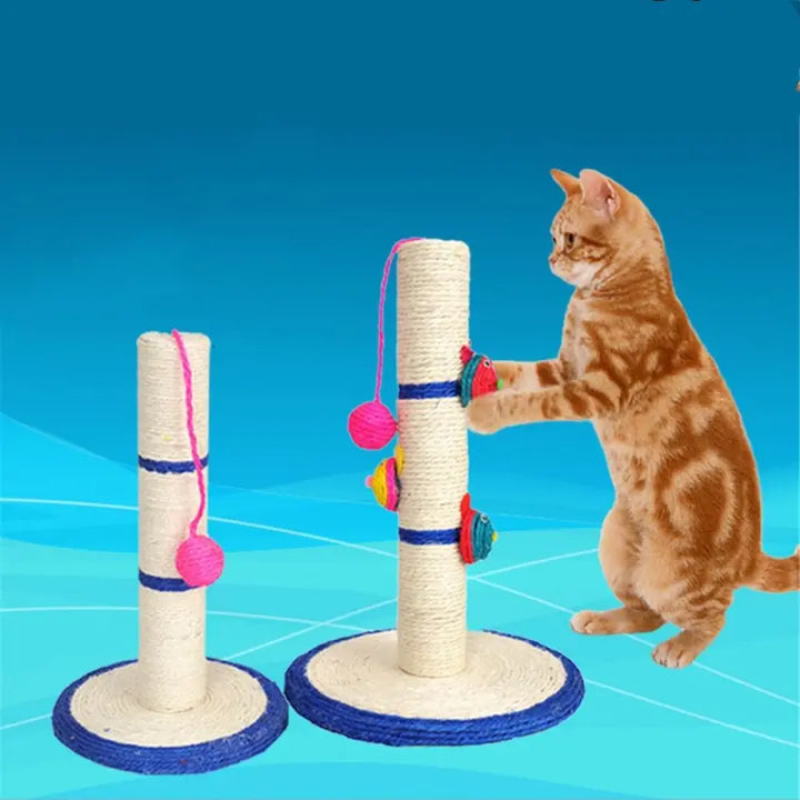 Unisex cat scratching post with sisal rope for claw health, featuring playful toys. Protects furniture, promotes feline play.