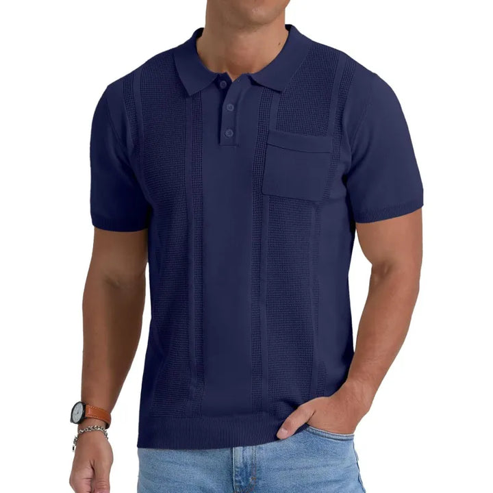 Men's versatile textured fine knit polo shirt, a comfortable short sleeve top for smart casual and everyday fashion.