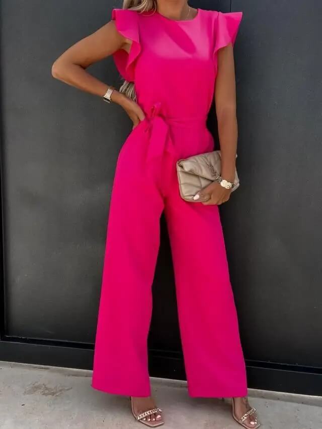 Flattering women's wide-leg jumpsuit, designed with a belt & elegant butterfly sleeves.