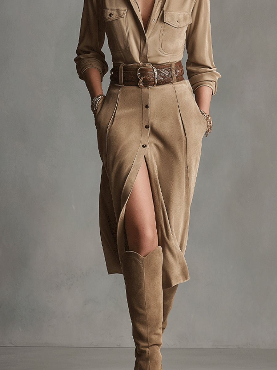 Sophisticated women's midi dress featuring elegant long sleeves, a versatile style for modern fashion apparel.