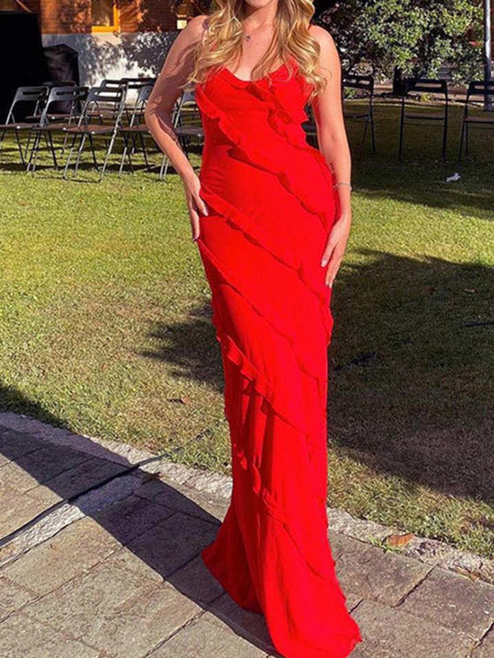 Stylish women's V-neck long sleeve ruffle maxi dress, offering elegant flow & comfort for special occasions.