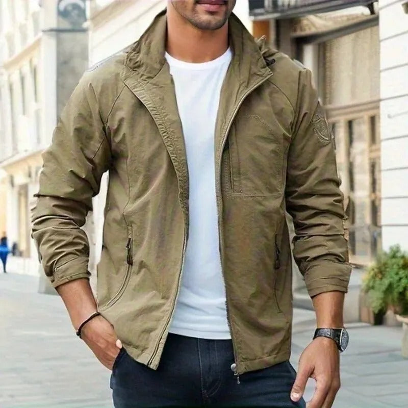 Men's lightweight hooded jacket, perfect for casual spring & fall outerwear. Modern zip-up design.