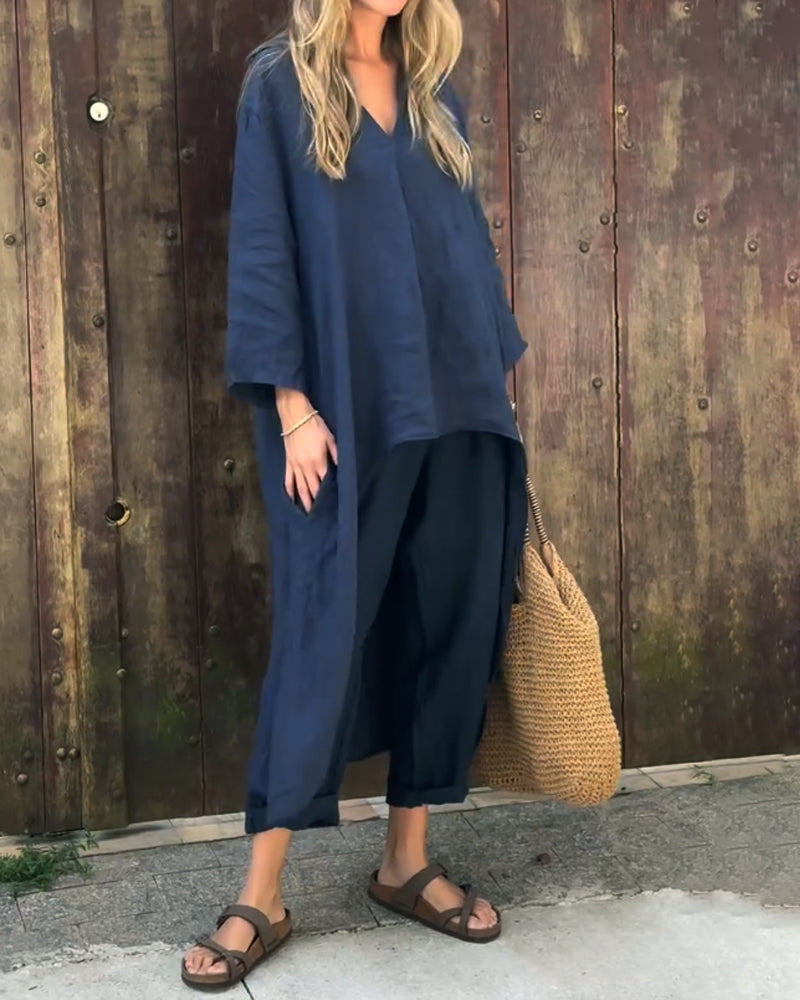 Comfortable women's two-piece lounge wear set. Stylish, breathable, and versatile for spring & summer outfits.