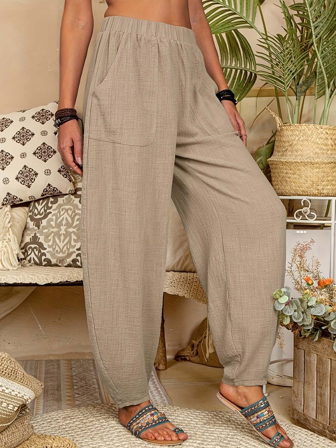 Women's Relaxed Fit Linen Trousers with Pockets