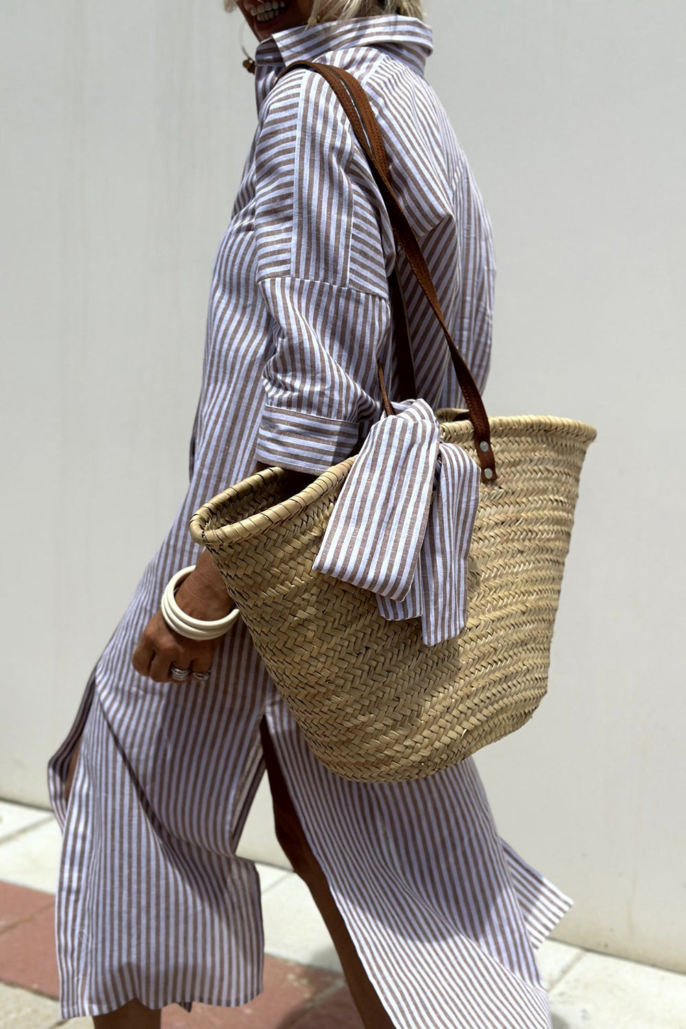 Pink striped shirt dress, women's casual summer comfort. Effortless day dress, ideal for beachwear fashion.