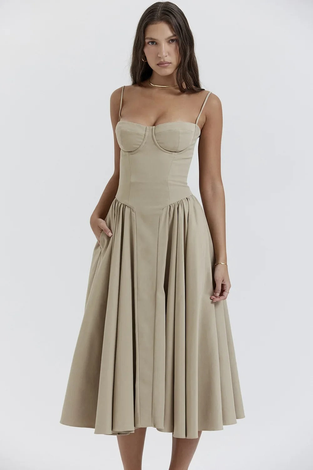 Beautiful women's special occasion midi dress, sleeveless with a chic corset bodice. Gala ready.