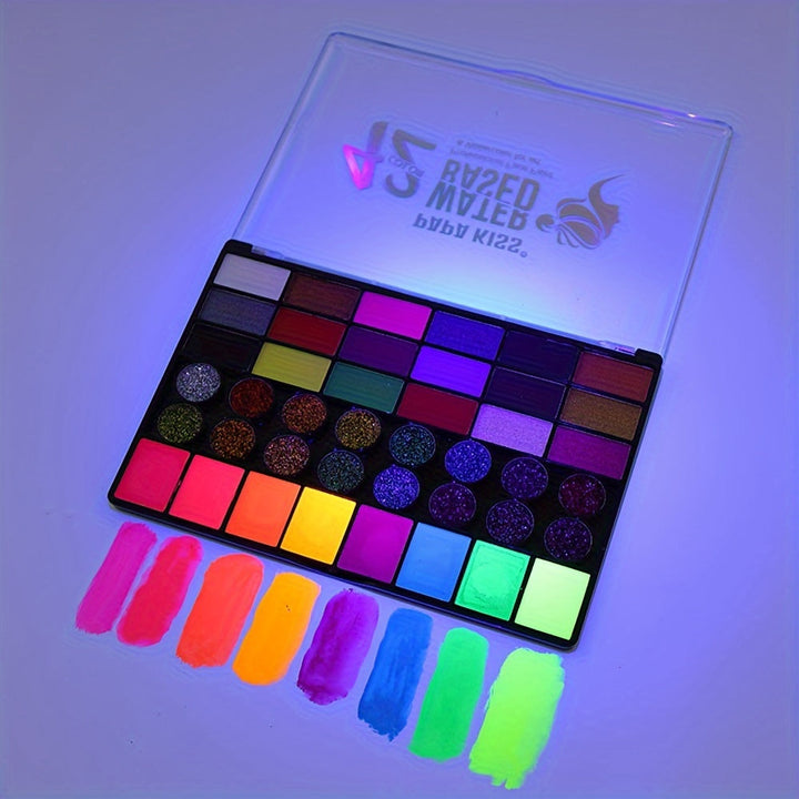 Complete 42-color water-based face paint palette for expressive body art, creative designs, and artistic makeup.
