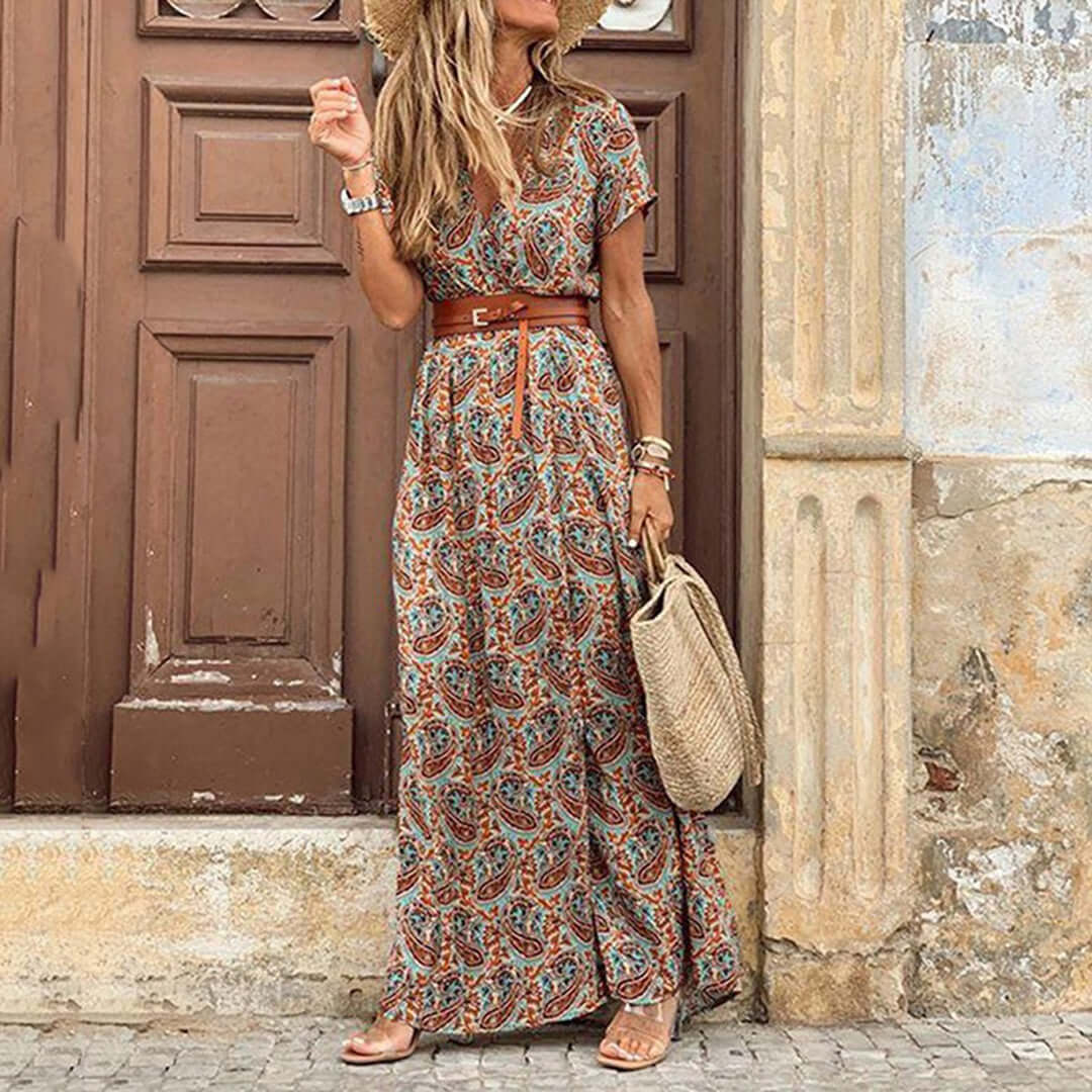 Boho Maxi Dress with V-Neck and Side Slit