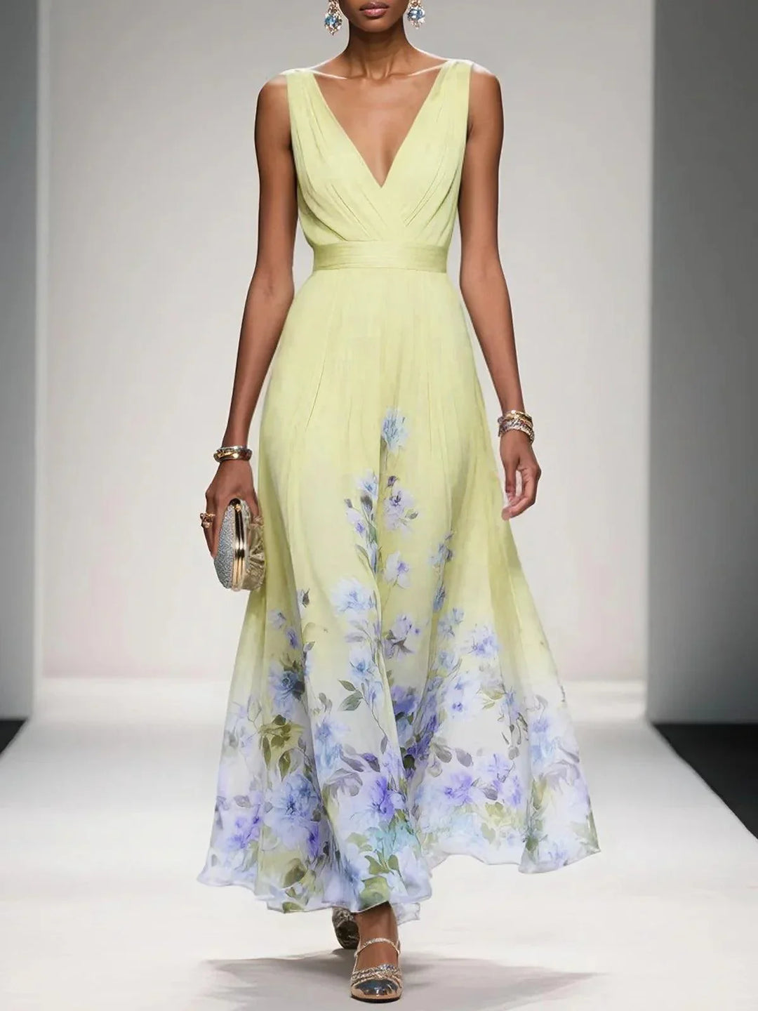 Woman in comfortable long floral maxi dress, enjoying summer days or an elegant party.