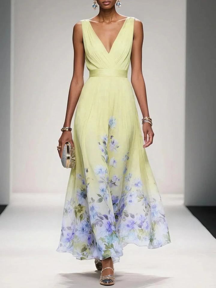 Woman in comfortable long floral maxi dress, enjoying summer days or an elegant party.