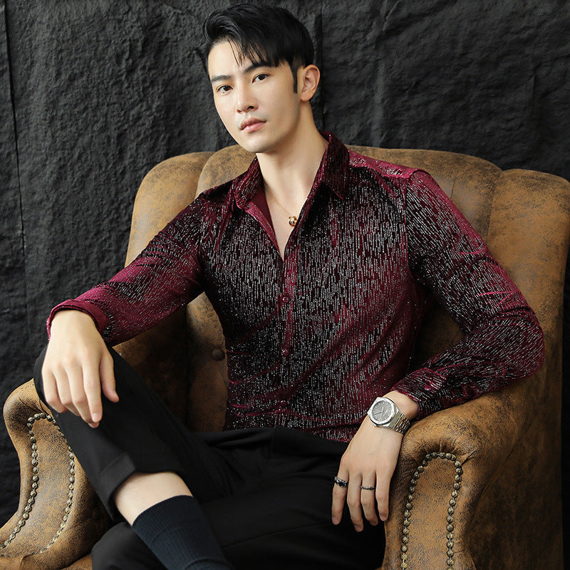 Elegant men's shiny long-sleeve button-down shirt, a versatile slim fit top for fashion-forward party looks.