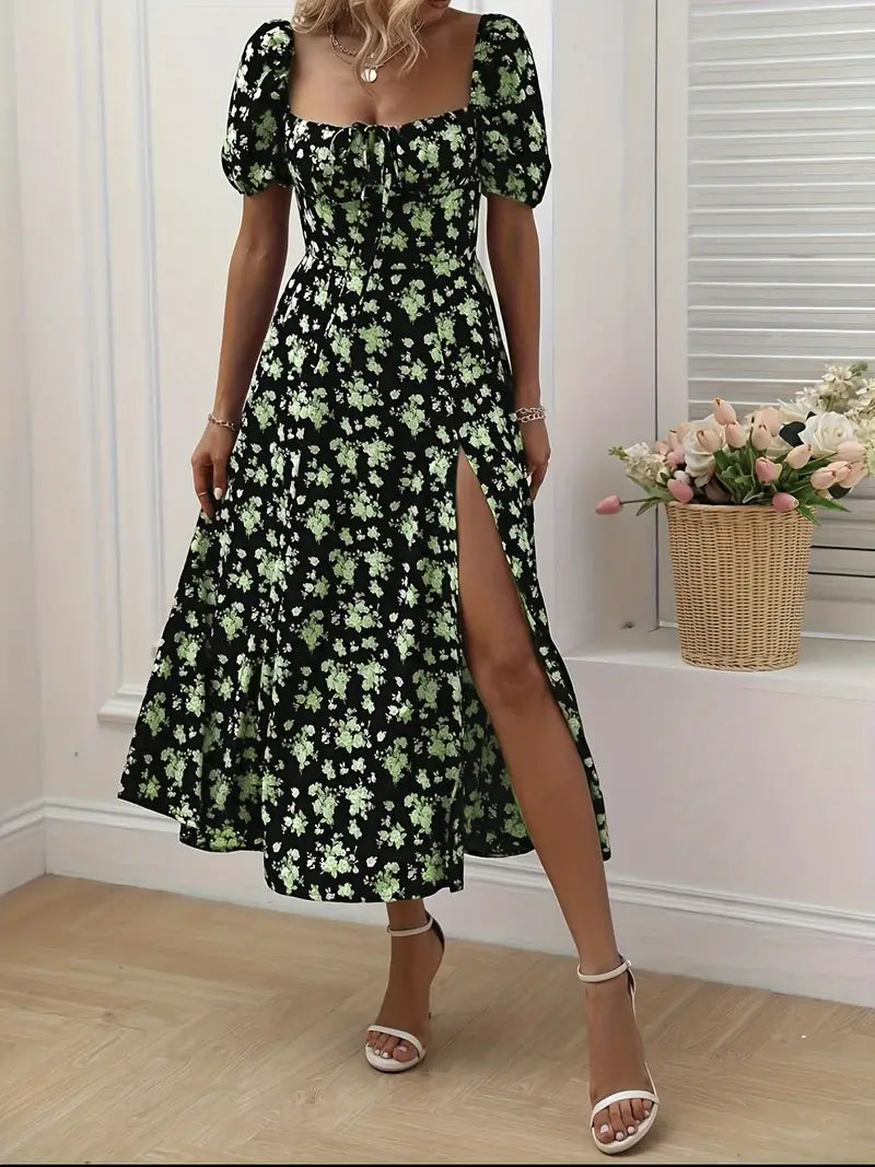 Casual women's floral A-line midi dress, light fabric & puff sleeves for summer comfort.