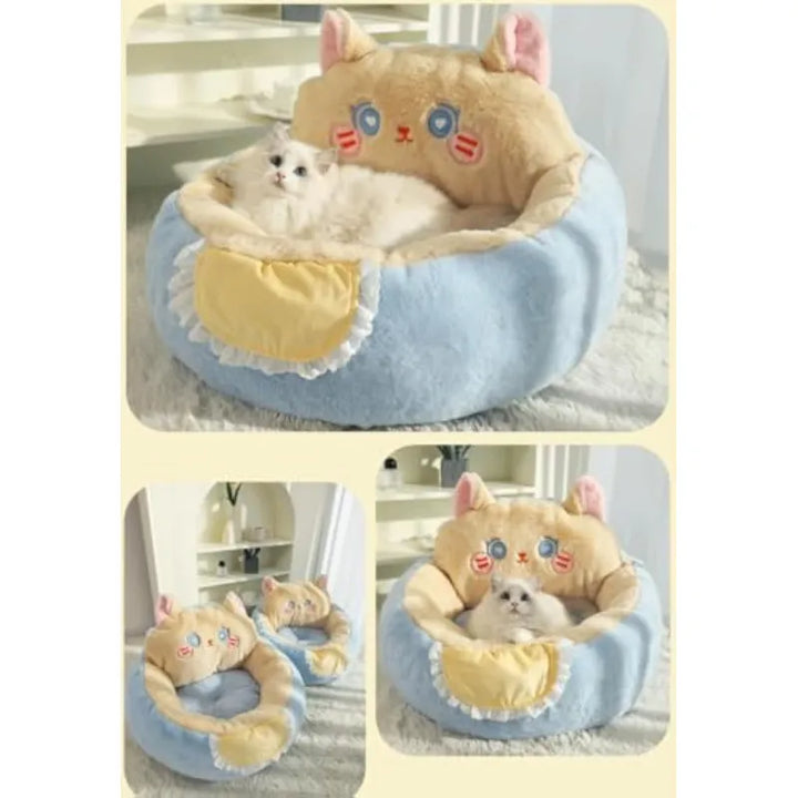Cute plush cat bed, a cozy pet house for sleeping cats & small animals, offering ultimate comfort.