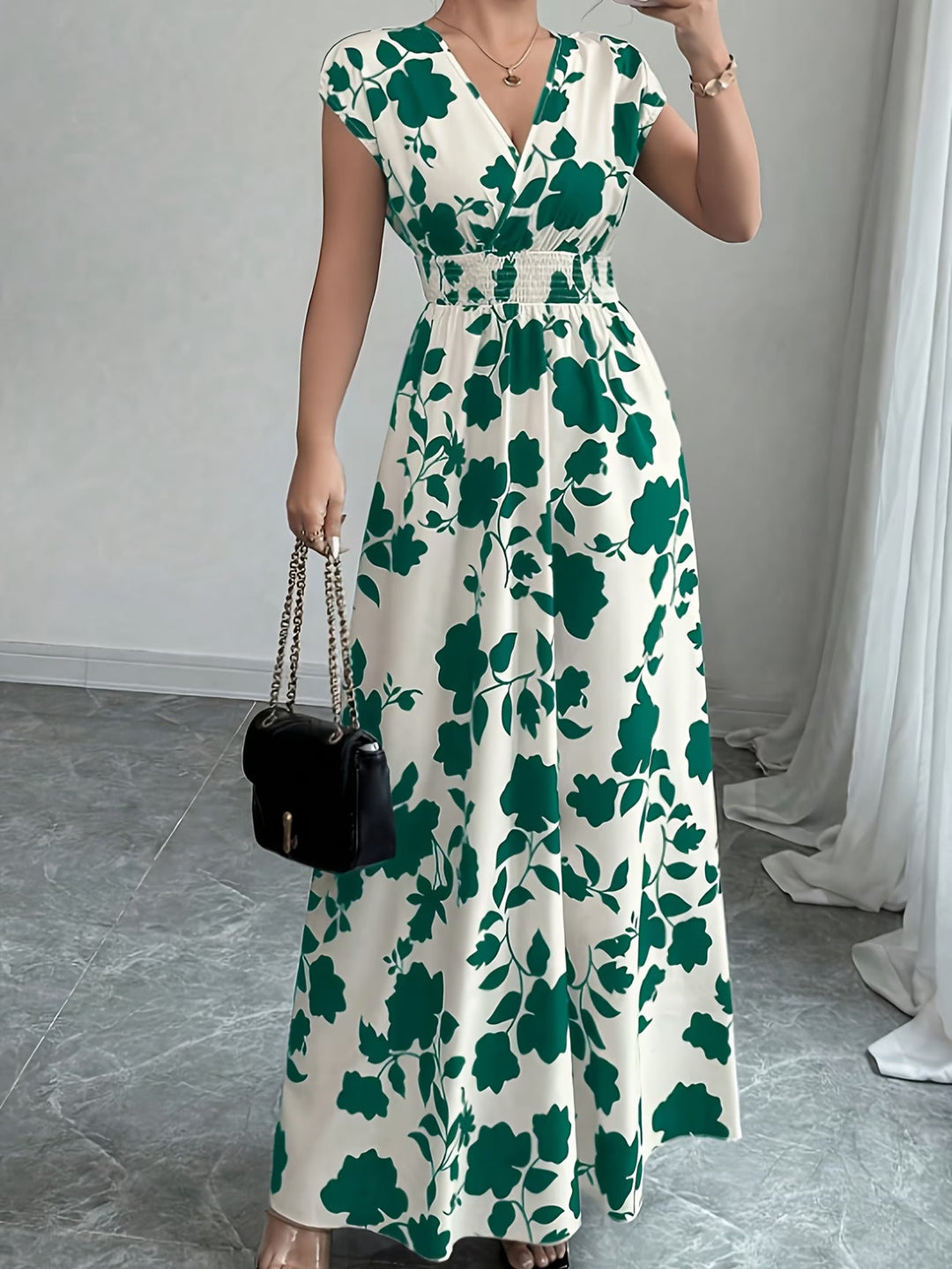 Versatile V-neck sleeveless midi dress for women. Elegant for summer, casual or dressy wear.