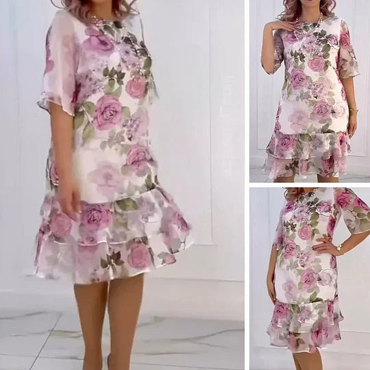 Women's Clarissa floral rose print tiered midi dress. Elegant short sleeve summer occasion pink dress with vintage style.