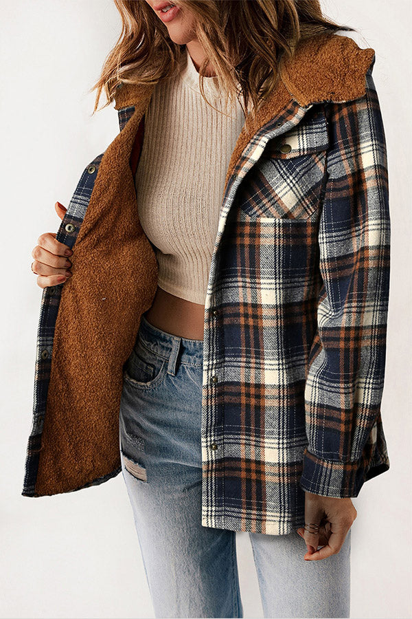 Winter style women's warm plaid jacket, featuring a hood and button detail for casual wear.