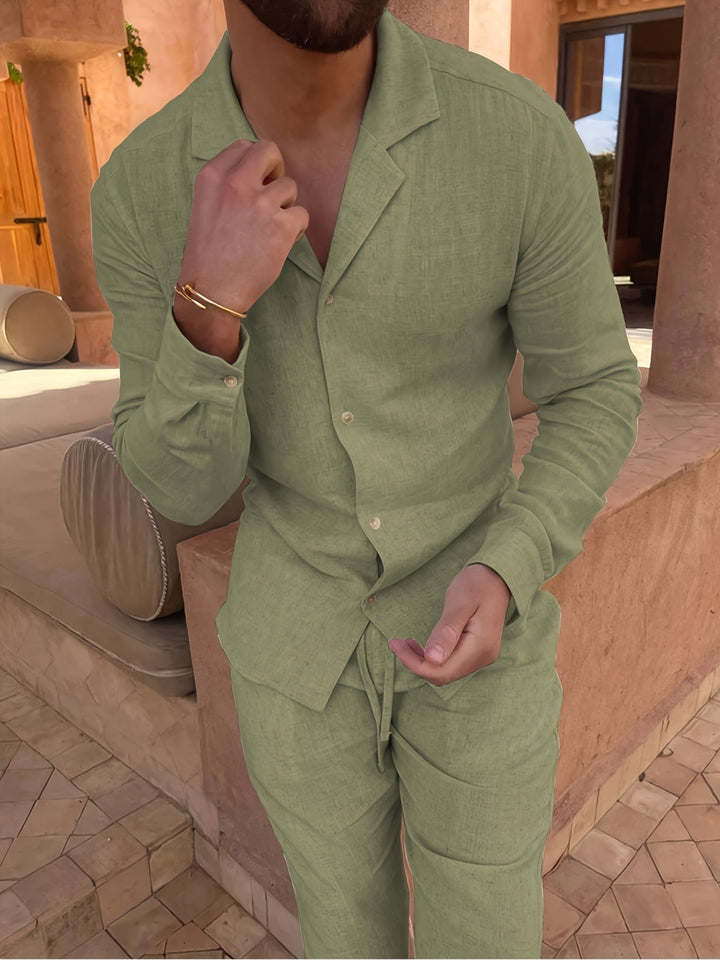 Black men's linen blend two-piece set, exuding comfort, class, and sophisticated minimalist fashion.