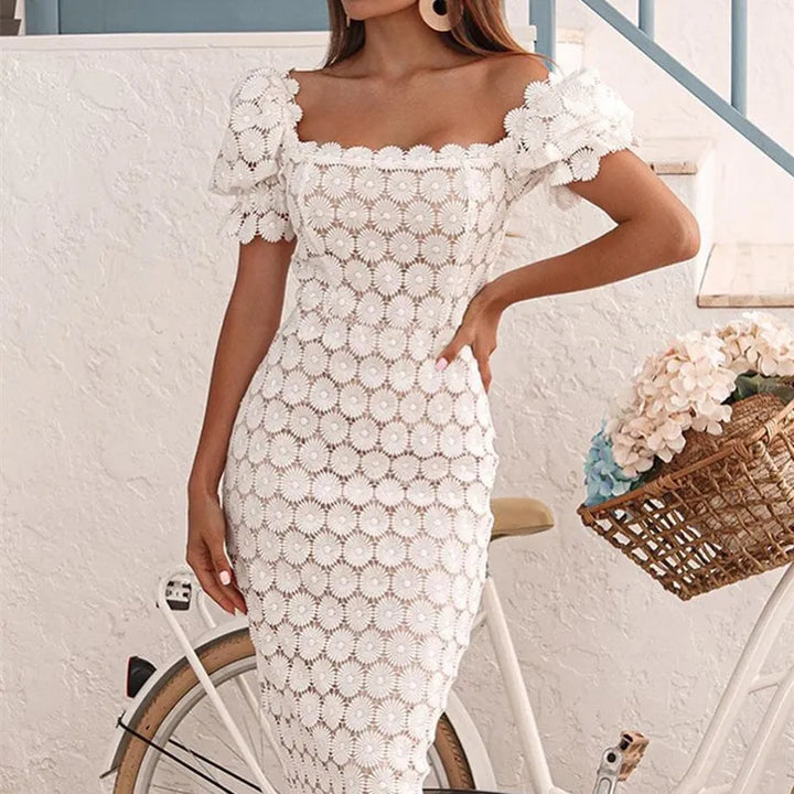 Women's elegant off-shoulder midi dress with short sleeves, fitted silhouette, evening event wear.