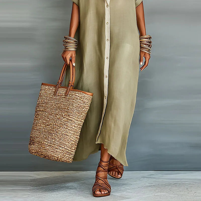 Comfortable relaxed fit women's short sleeve collared maxi shirt dress, elegant for summer day wear.