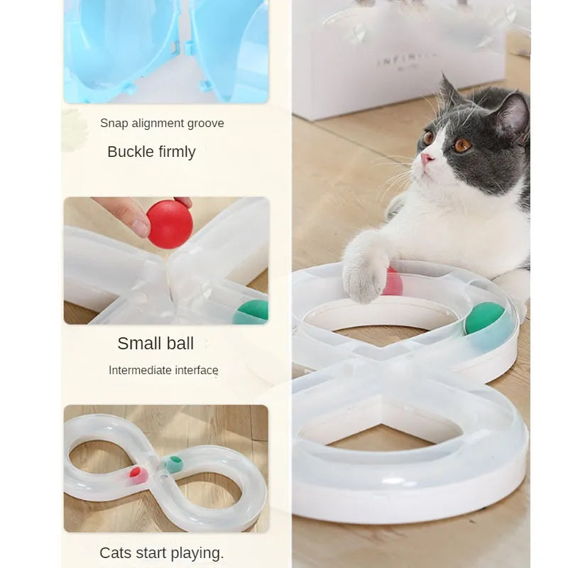 Interactive cat puzzle toy: white & blue ball track designed for endless feline fun & enrichment.