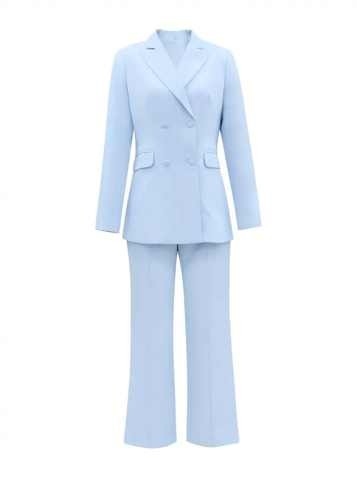 Sophisticated two-piece women's light blue pant suit with a stylish blazer and high-waisted trousers.