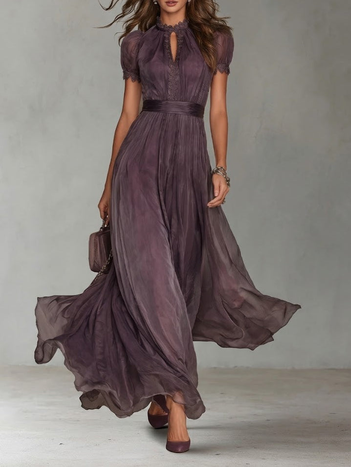 Women's long purple drop-neck evening dress with delicate trim. Elegant and sophisticated occasion wear.