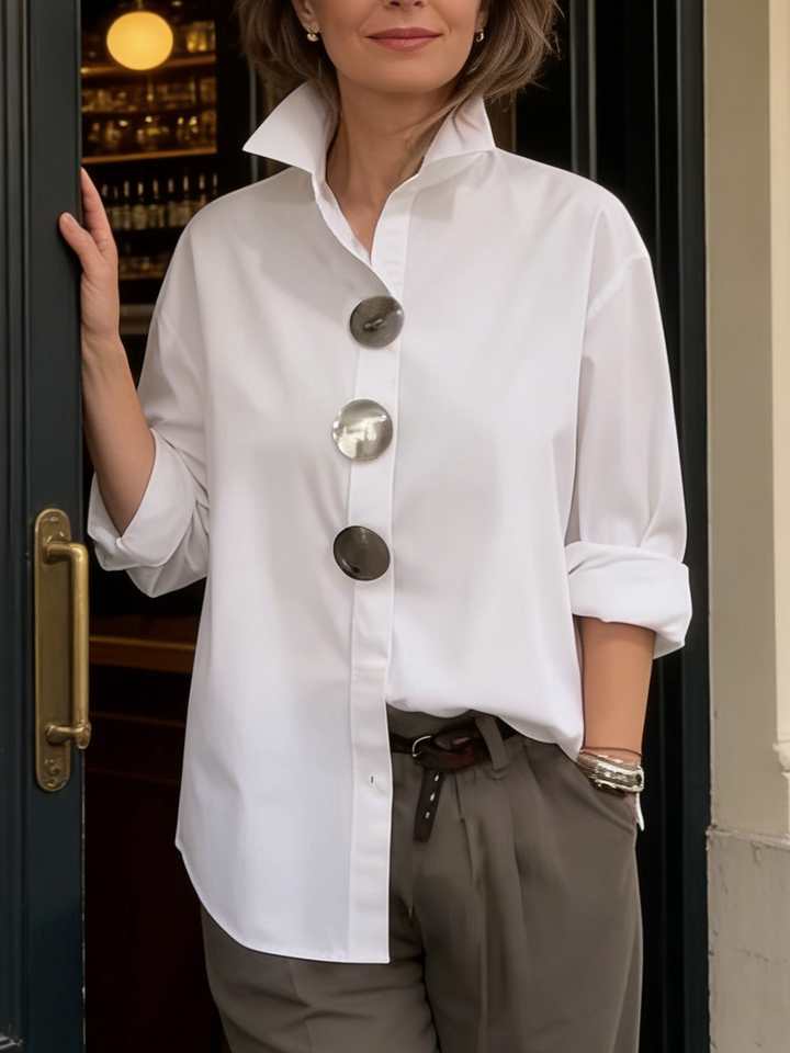 Black women's long sleeve top, big button collar, perfect for an elegant and chic look.