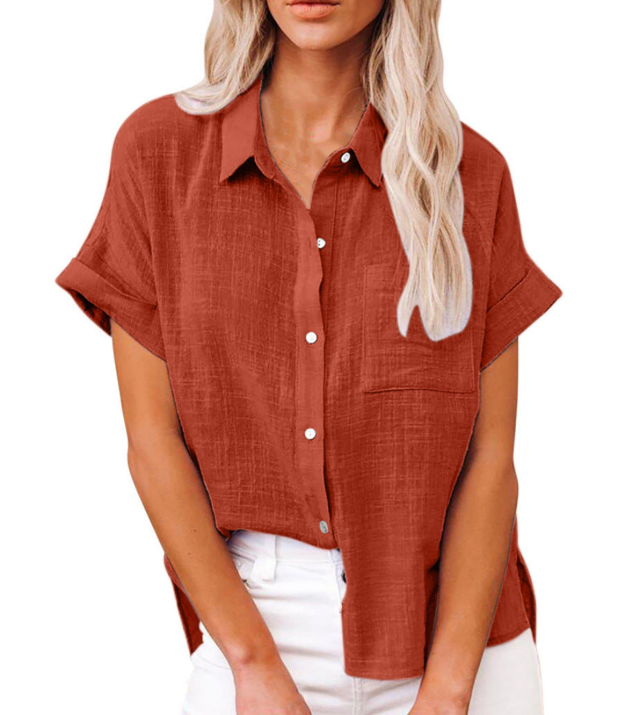 Comfortable women's relaxed short sleeve blouse, a button front casual top for easygoing everyday style.