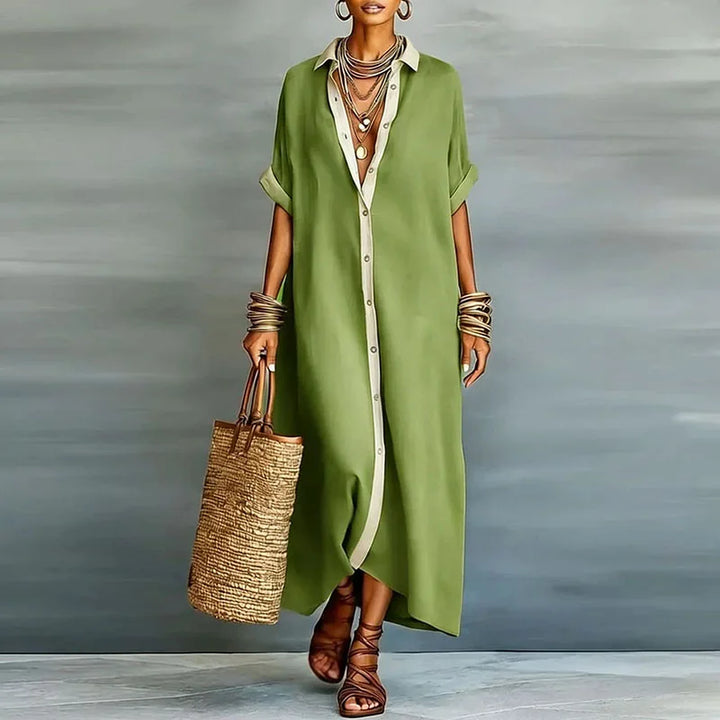 Casual & elegant women's short sleeve collared maxi dress, perfect for summer, day wear, or holiday style.