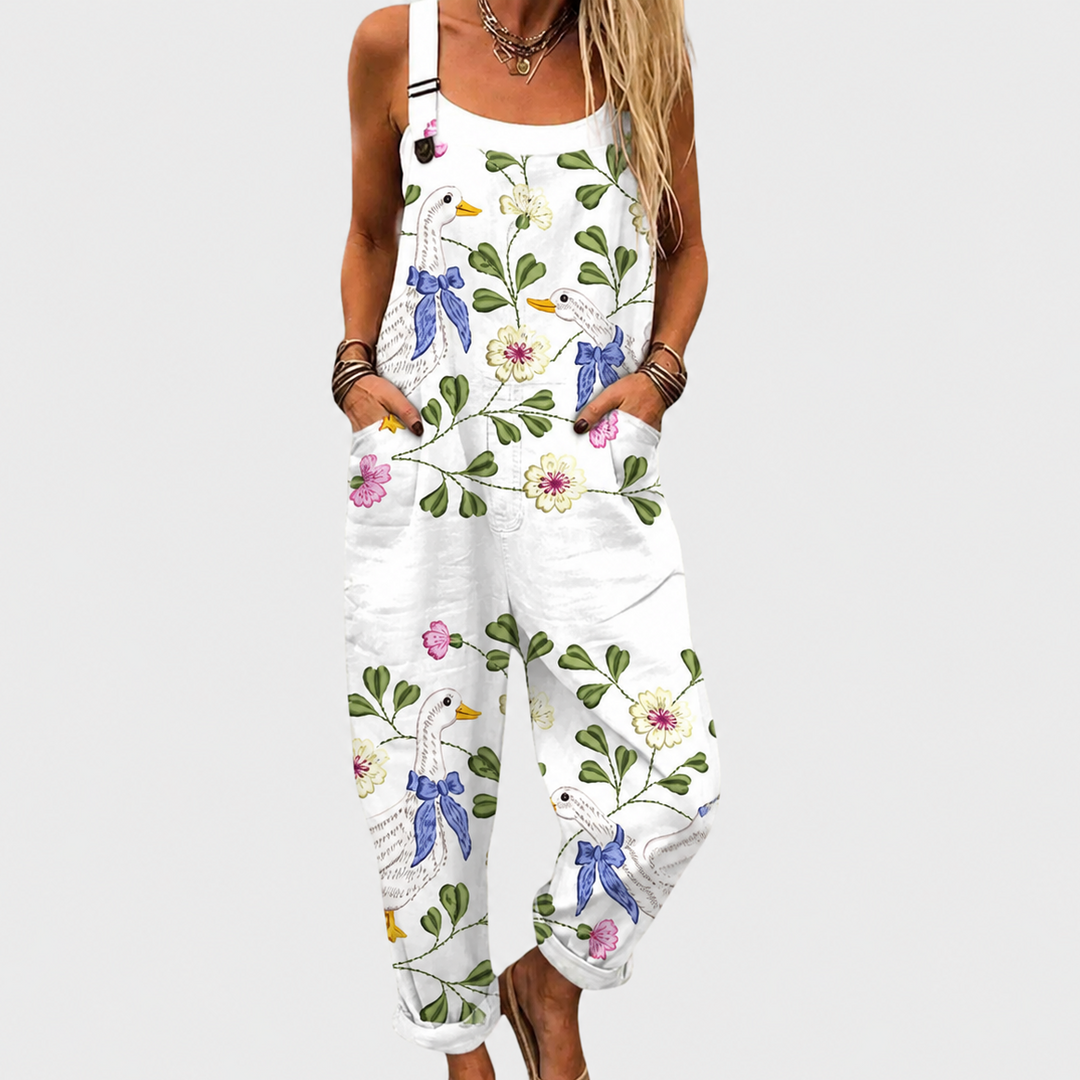 Women's comfortable printed jumpsuit with loose, wide-leg fit and adjustable straps for casual summer style.