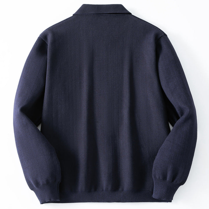 Stylish men's navy button-down knit cardigan for smart casual wear. Features a collared design & practical patch pockets.