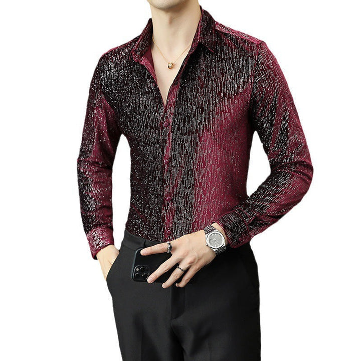 Stylish men's shiny slim fit button-down shirt, ideal for enhancing a party outfit or sophisticated style.