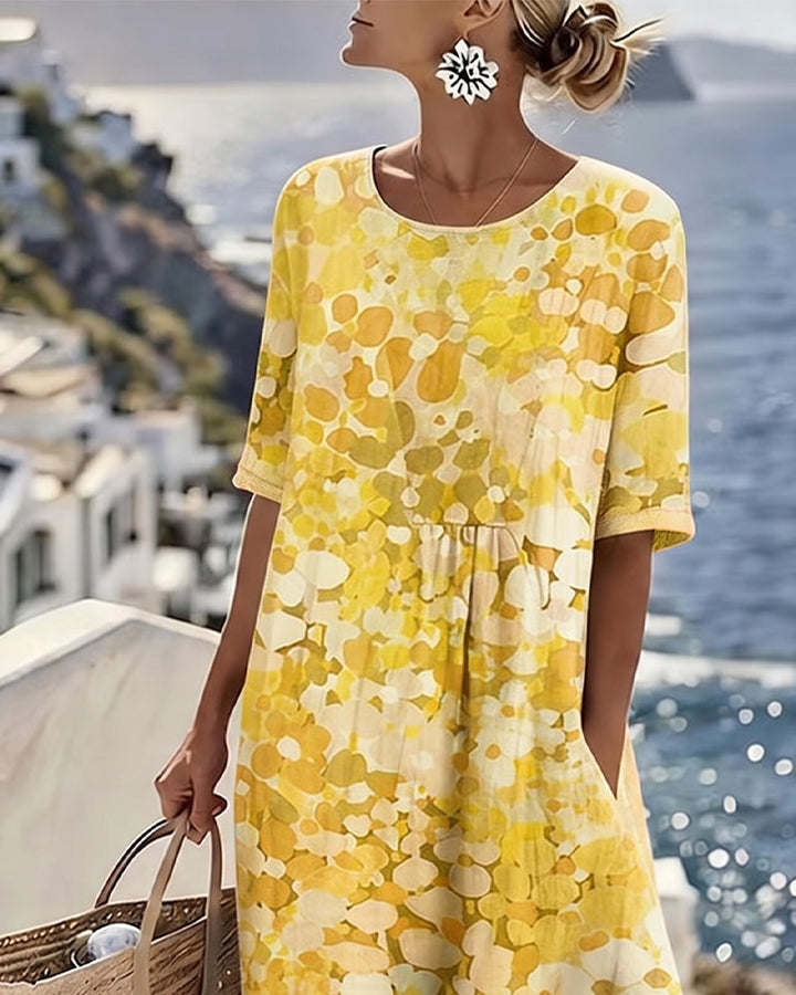 Flowy floral print midi dress for women, ideal for outdoor summer events or spring gatherings.