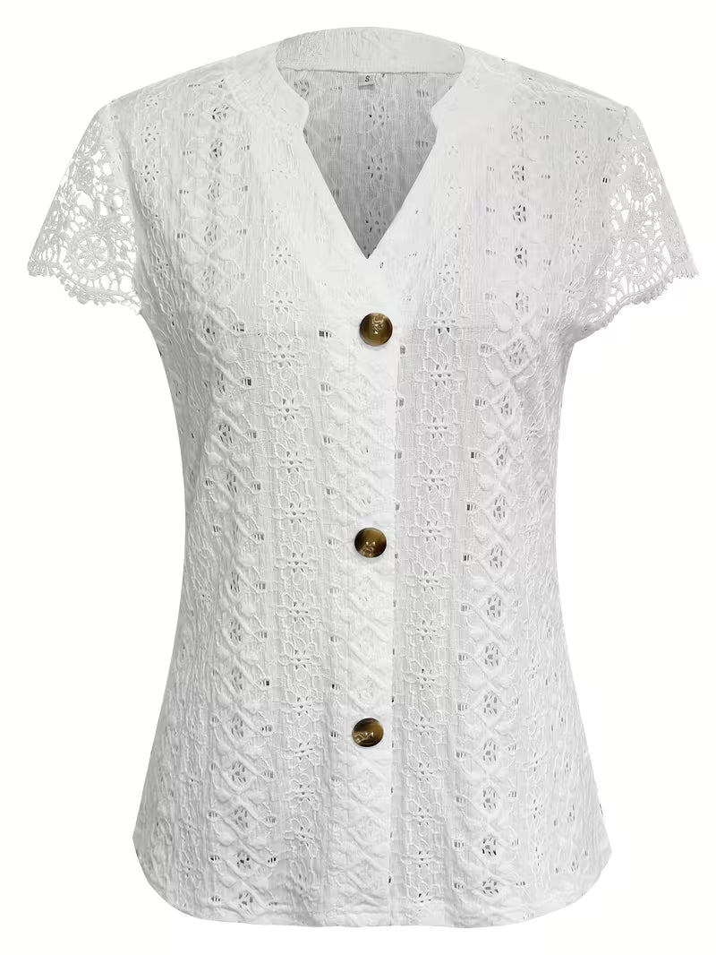 Stylish women's V-neck top featuring decorative buttons & short sleeves, a chic choice for summer fashion.