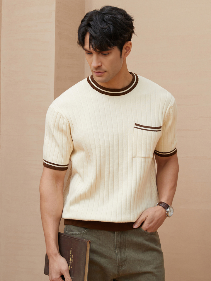 Casual men's fashion: ribbed knit short-sleeve polo tee with modern striped trim for everyday wear.