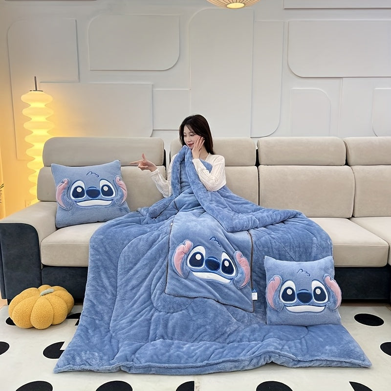 Stitch character plush blanket & pillow combo. Cozy 2-in-1 throw for kids' room or travel. Soft & fun comfort.