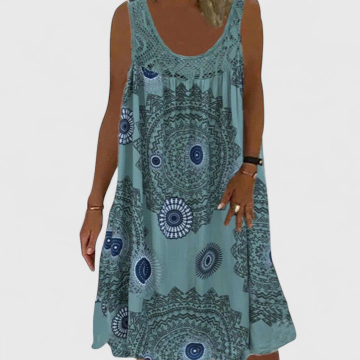 Comfortable women's A-line boho dress with unique ethnic mandala pattern, great for summer vacations.