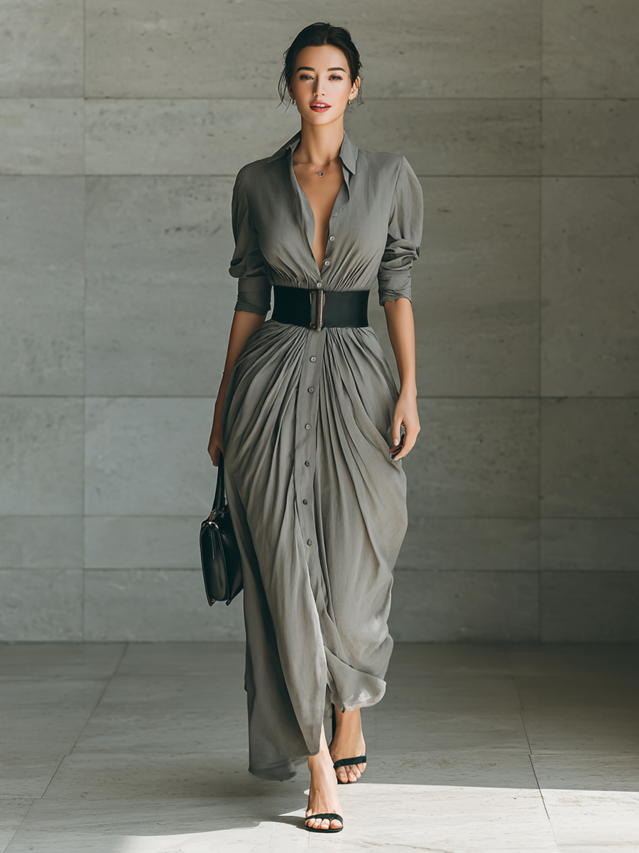 Stunning women's long pleated grey dress with a flattering belt, embodying timeless elegance for any formal event.